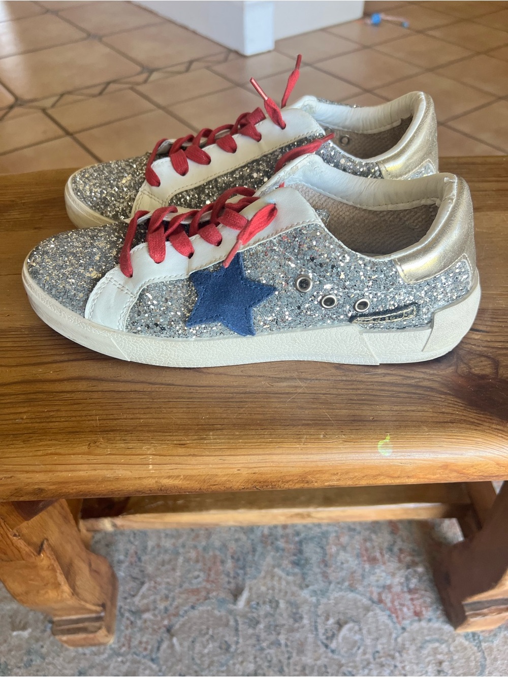 Vintage Havana Silver Glitter Sneakers with Blue Star and Red Laces